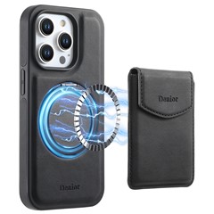 DENIOR D20 For iPhone 15 Pro Case Detachable Card Bag Rotary Kickstand Leather+PC+TPU Cover - Black