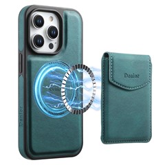DENIOR D19 For iPhone 15 Pro Magnetic Case Leather+PC+TPU Cover with Detachable Card Bag - Blue