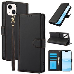 SY-003 For iPhone 15 Case PU Leather Stand View Phone Wallet Cover with Hand Strap - Black
