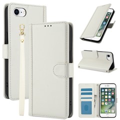 SY-003 For iPhone 17e / 16e Case PU Leather Stand View Phone Wallet Cover with Hand Strap - White