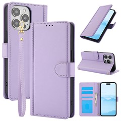 SY-003 For iPhone 16 Pro Max Case PU Leather Stand View Phone Wallet Cover with Hand Strap - Purple