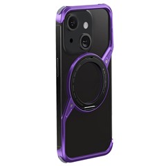 For iPhone 15 Bumper Phone Case Rotary Ring Kickstand Aluminium Alloy S-Shape Magnetic Cover - Purple