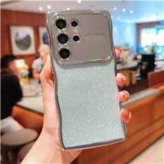 For Samsung Galaxy S24 Ultra Case Electroplating Curly Frame TPU Glitter Phone Cover Large Window - Silver