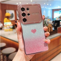 For Samsung Galaxy S24 Ultra Case Love Heart Gradient Glitter TPU Phone Cover Electroplating Curly Frame - Rose Pink