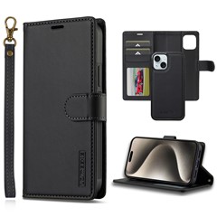 LC.IMEEKE L2 Series for iPhone 15 Case PU Leather Wallet Detachable Magnetic Phone Cover - Black