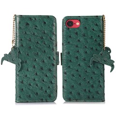 For iPhone 17e / 16e Case RFID Blocking Genuine Cow Leather Phone Case Ostrich Texture - Green