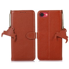 For iPhone 17e / 16e Case RFID Blocking Litchi Texture Genuine Cow Leather Phone Cover - Brown