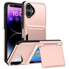 For iPhone 16 Cases Card Slot TPU+PC Kickstand Phone Case - Rose Gold