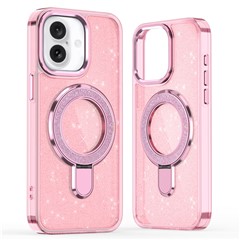 For iPhone 16 Case Glitter Design TPU+PC Kickstand Phone Protector - Pink