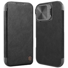 NILLKIN Qin Prop Series for iPhone 16 Leather Case Lens Kickstand Phone Cover - Black