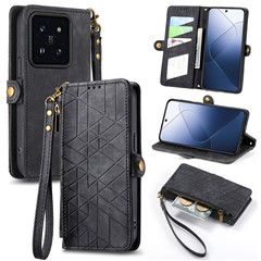 For Xiaomi 14T Zipper Wallet Case Geometry Lines Leather Phone Cover with Strap - Black