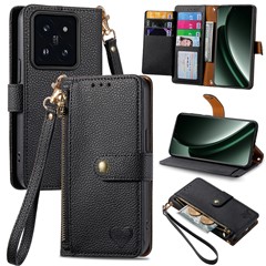 For Xiaomi 14T Case RFID Blocking Zipper Pocket Leather Wallet Phone Cover with Strap - Black