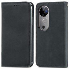 For vivo V40 5G Leather Case with Card Holder Magnetic Absorption Phone Cover - Black