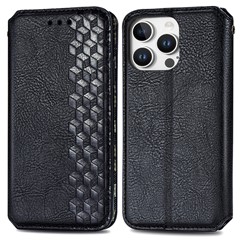 For iPhone 16 Pro Max PU Leather Case Rhombus Imprint Wallet Stand Phone Cover - Black