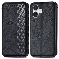 For iPhone 16 PU Leather Case Rhombus Imprint Wallet Stand Phone Cover - Black