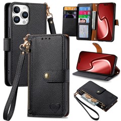 For iPhone 16 Pro Case RFID Blocking Zipper Pocket Leather Wallet Phone Cover with Strap - Black