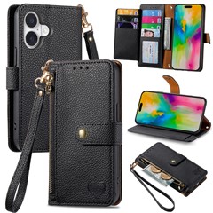 For iPhone 16 Plus Case RFID Blocking Zipper Pocket Leather Wallet Phone Cover with Strap - Black