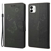 PU Leather Phone Case For Samsung Galaxy A04 4G (164.4 x 76.3 x 9.1 mm), Big Butterflies Flower Pattern Imprinting Magnetic Clasp Anti-fall Wallet Cover Stand with Strap - Black