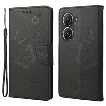 For Asus Zenfone 9 5G Magnetic Clasp PU Leather Phone Case Big Butterflies Flower Pattern Imprinting Anti-scratch Phone Cover Wallet Stand with Strap - Black