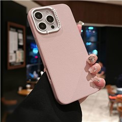For iPhone 16 Pro Max Case Rhinestone Decor Lens Frame Leather+PC Phone Cover - Pink
