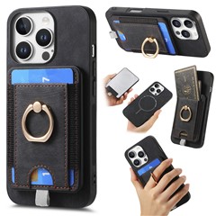 For iPhone 16 Pro Magnetic Case PU Leather Back Cover with Detachable Card Holder - Black