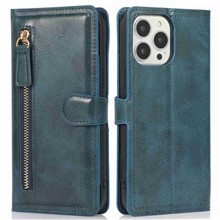 Zipper Pocket Phone Cover For iPhone 13 Pro 6.1 inch, Full Protection PU Leather Phone Flip Wallet Case Stand - Blue