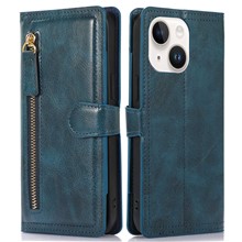 Anti-fall Phone Case For iPhone 14 Plus Zipper Pocket Wallet Stand Scratch-resistant PU Leather Phone Flip Cover with Magnetic Buckle - Blue