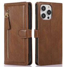 For iPhone 14 Pro Anti-scratch Zipper Pocket Phone Case Shockproof PU Leather Phone Flip Wallet Cover Stand with Magnetic Buckle - Brown
