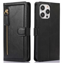 For iPhone 14 Pro Max Drop-proof Zipper Pocket Phone Flip Wallet Case with Magnetic Buckle Protective PU Leather Phone Cover Stand - Black