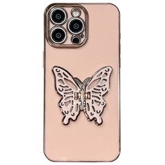 For iPhone 16 Pro Case Butterfly Kickstand TPU Electroplating Phone Cover - Pink
