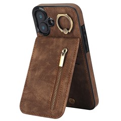 For iPhone 16 Case RFID Blocking Ring Kickstand Retro Leather+TPU Anti-fall Phone Cover - Brown