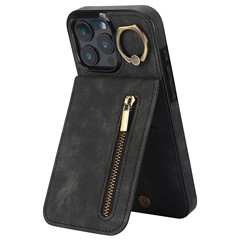 For iPhone 16 Pro Max Case RFID Blocking Ring Kickstand Retro Leather+TPU Anti-Fall Phone Cover - Black