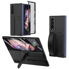 For Samsung Galaxy Z Fold3 5G Case Kickstand Wristband PC Phone Cover with Tempered Glass Film - Black