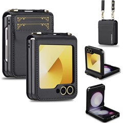 LC.IMEEKE for Samsung Galaxy Z Flip5 5G Case Leather+PC Phone Cover with Straps Card Slots - Black