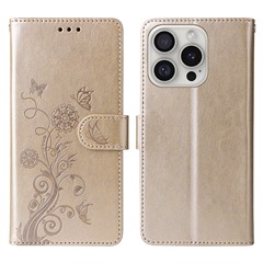 For iPhone 16 Pro Leather Case Butterfly Floral Imprint Wallet Stand Cover - Gold