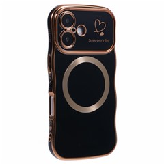 For iPhone 16 Plus Magnetic Case Electroplating Curly Frame TPU Phone Cover Large Window - Black