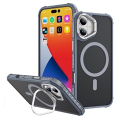 For iPhone 16 Case with Lens Kickstand Matte Back Cover Compatible with MagSafe - Grey