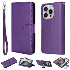 For iPhone 16 Pro Case 2 in 1 Detachable Magnetic Leather Wallet Mobile Cover with Strap - Purple