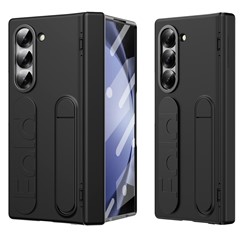 For Samsung Galaxy Z Fold5 5G Case Kickstand Wristband PC Phone Cover with Tempered Glass Film - Black