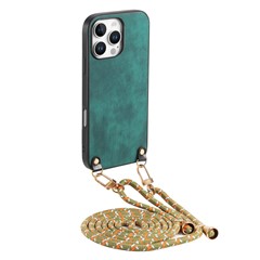 For iPhone 16 Pro Case Retro Texture Leather Coated PC+TPU Phone Cover with Hanging Rope - Green