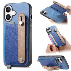 For iPhone 16 Magnetic Leather Back Case with Detachable Card Holder and Wristband - Blue