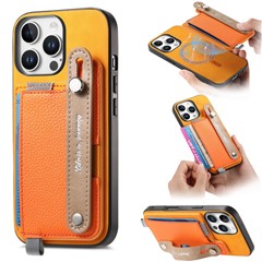 For iPhone 16 Pro Max Magnetic Leather Back Case with Detachable Card Holder and Wristband - Orange