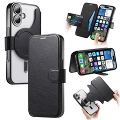 CASENEO For iPhone 16 Plus Case with Lens Film TPU Inner Shell Detachable Leather Phone Cover - Black