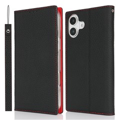 For iPhone 16 Plus Wallet Case Genuine Cow Leather Phone Cover Litchi Texture - Black