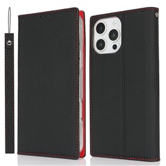 For iPhone 16 Pro Max Wallet Case Genuine Cow Leather Phone Cover Litchi Texture - Black