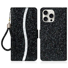 For iPhone 16 Pro Max Case PU Leather Wallet Card Slots Glitter Phone Cover - Black
