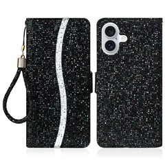 For iPhone 16 Case PU Leather Wallet Card Slots Glitter Phone Cover - Black