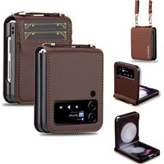 LC.IMEEKE for Samsung Galaxy Z Flip4 5G Case Leather+PC Phone Cover with Straps Card Slots - Brown