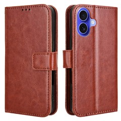 For iPhone 16 Plus Case Crazy Horse Texture PU Leather Phone Wallet Cover - Brown