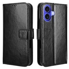 For iPhone 16 Case Crazy Horse Texture PU Leather Phone Wallet Cover - Black